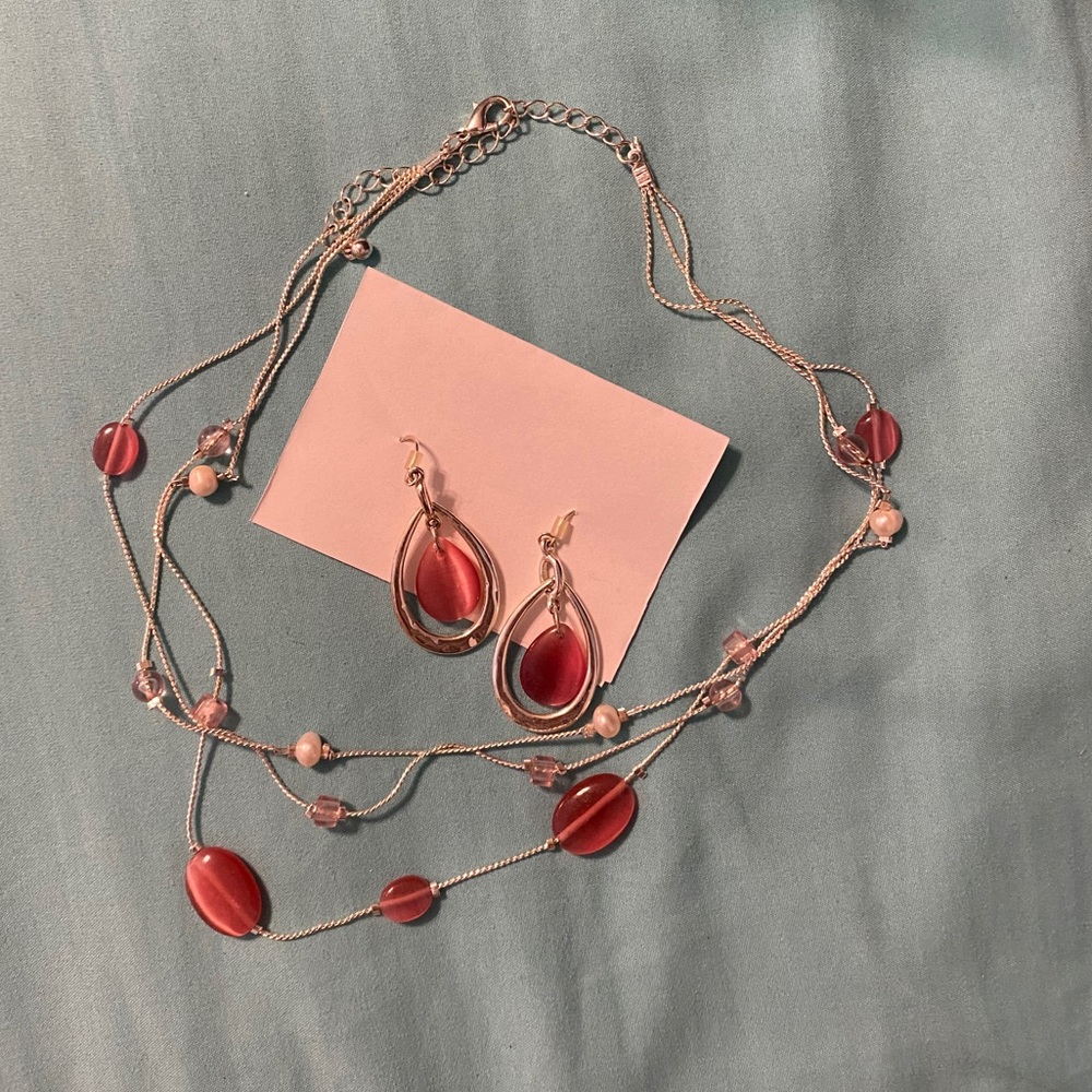 Pink Gem Necklace and Earring Set